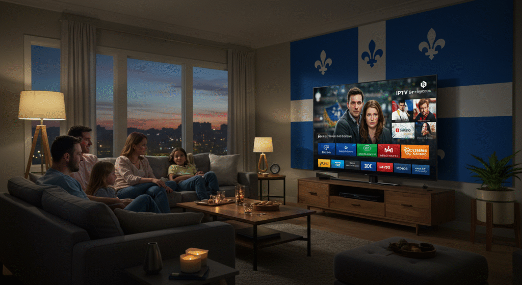 famille regardant un service iptv qc dans un salon moderne
