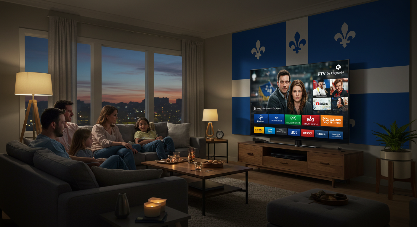 famille regardant un service iptv qc dans un salon moderne