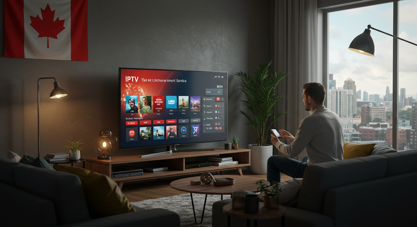 homme utilisant le meilleur IPTV dans un salon moderne au Canada