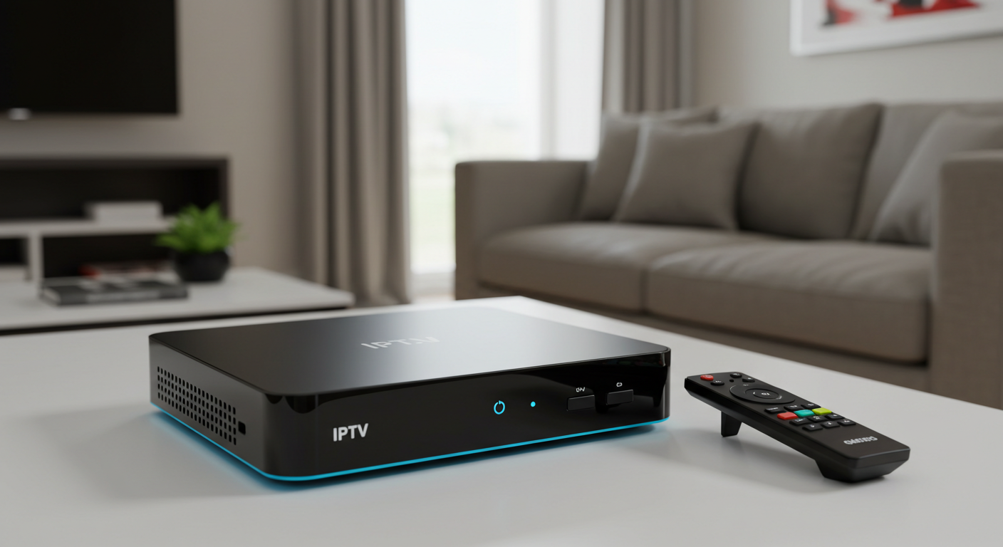 iptv box moderne avec télécommande dans un salon canadien