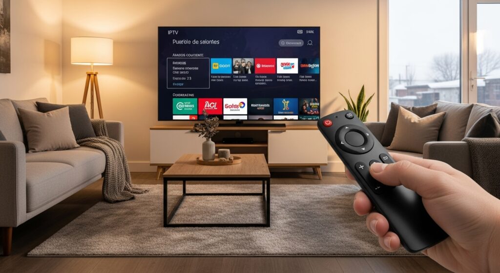 Interface canada iptv affichée sur une TV dans un salon moderne