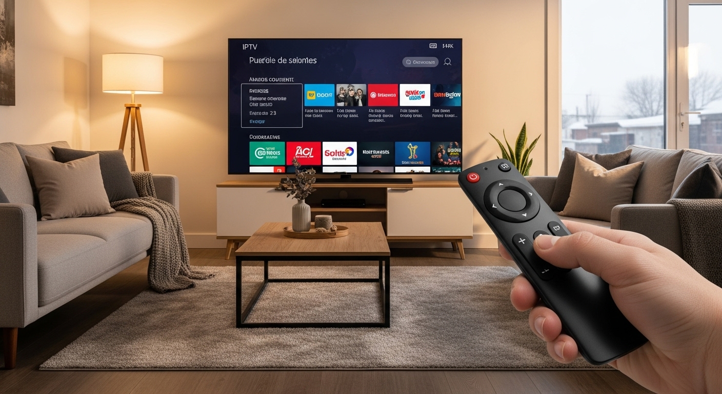 Interface canada iptv affichée sur une TV dans un salon moderne