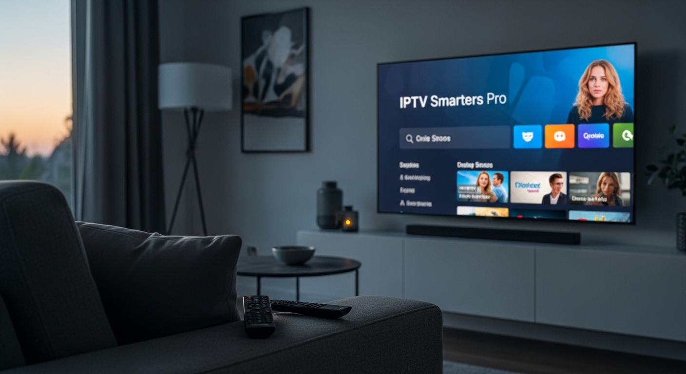 Interface de l'application iptv smarters affichée sur une smart TV dans un salon moderne